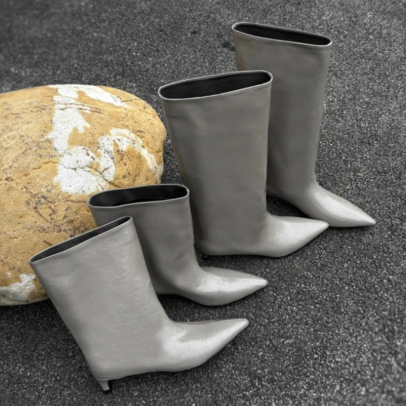 Botas hasta la rodilla con punta estrecha para mujer, zapatos sexys De tacón bajo para fiesta De boda, botines largos ajustados para mujer 260612
