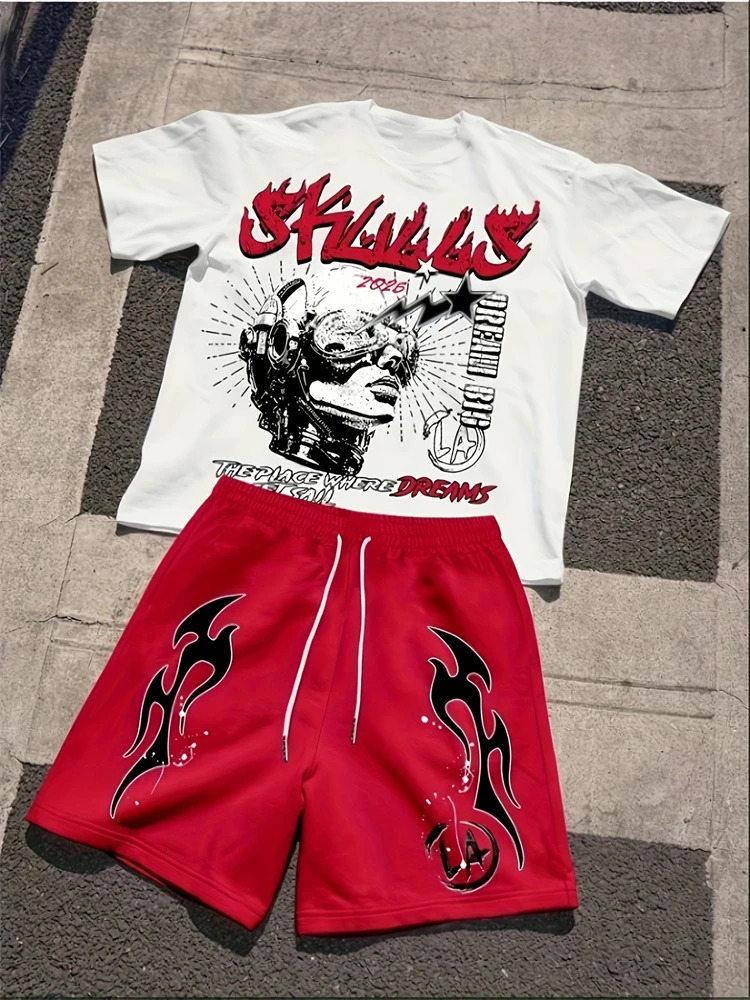 2026 Spring American Hiphop Style Mens Roundneck Top And Casual Shorts Street Fashion Trend Shortsleeved 2pcs Set 260612