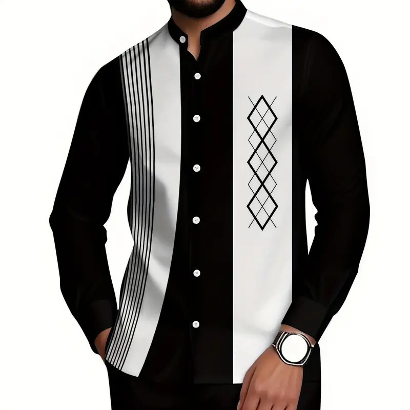 mens long sleeved shirt set with geometric pattern stand up collar ethnic style fashion stripe print