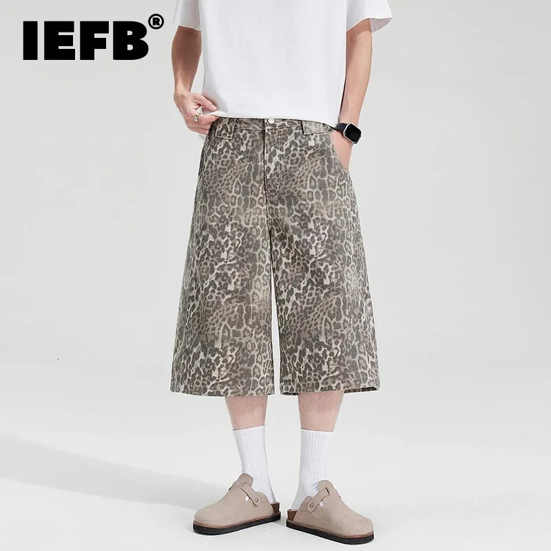 IEFB Edgy Mens Leopard Print Denim Shorts Wide Leg Baggy Fit Knee Length Streetwear Casual Premium Cotton Jeans 9X2989 260612