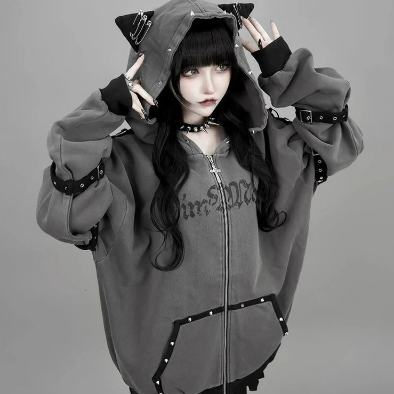 Streetwear Harajuku Hoodies Jackets Womens Clothing Hooded Punk Zipper Coat Japanese Rivet Print Fashion Casual Y2k Sweatshirts 260610