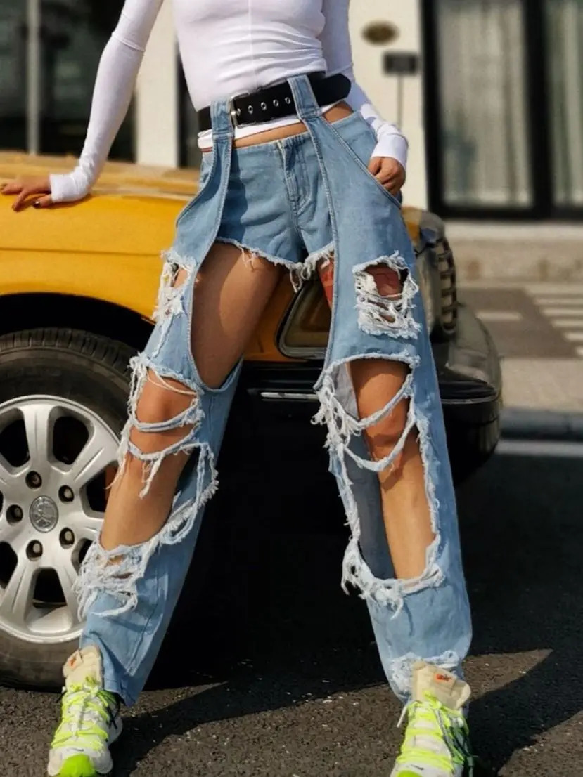 2023 Donna Estate Harajuku Cintura personalizzata Leggings Fori Pantaloni in denim A vita alta Streetwear Pantaloni dritti a gamba larga 260608