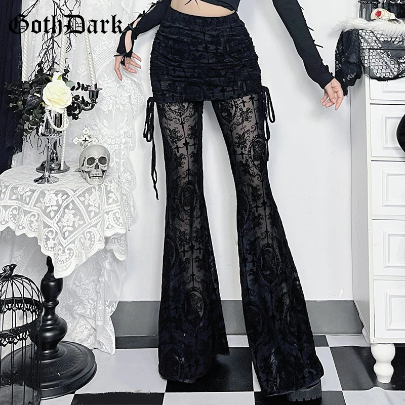 Goth Drak Elegant Fashion Flocking Print Long Pants 90s Grunge Mesh See Through Bodycon Flare Pant Mall Gothic Women Trousers 260611