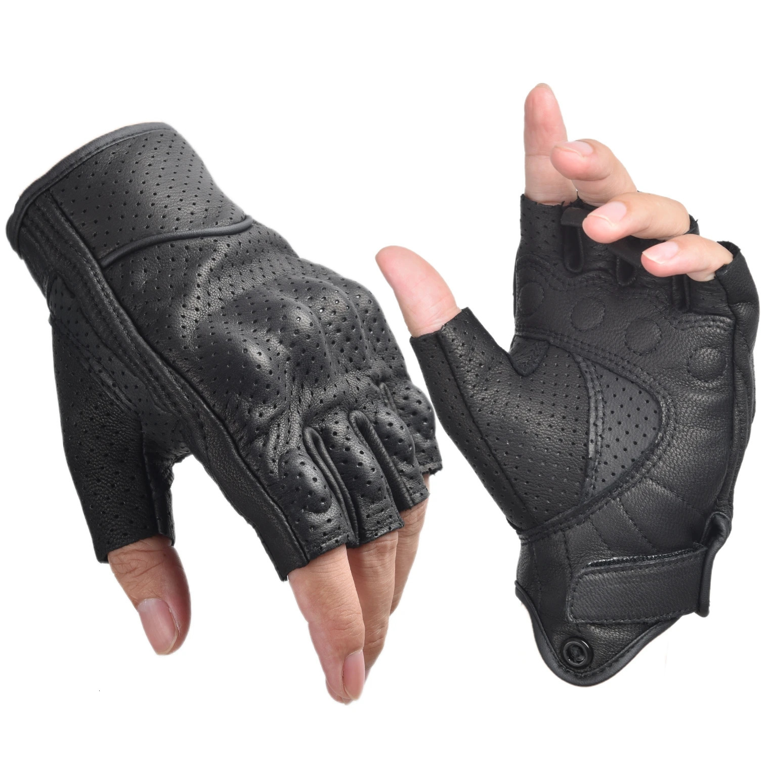 Motorcycle Gloves Perforated Genuine Leather Motor Riding Gloves Half Finger for Men Women Fingerless Summer Gloves Black 260611