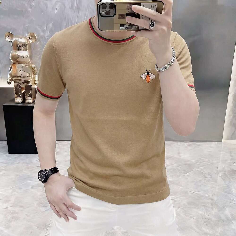 Ice Silk Knitted Short-Sleeve T-Shirt For Men, Embroidered, Summer Slim-Fit Trendy Men's Clothing, Bee Print Fashion Half-Sleeve Shirt