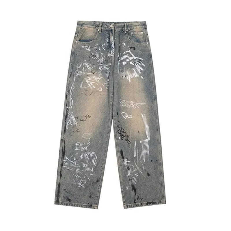 Mens Y2K Graffiti Printed Baggy Jeans New Vintage Distressed Blue Harajuku Denim Pants High Street Straight-leg Jean Trousers Q260612