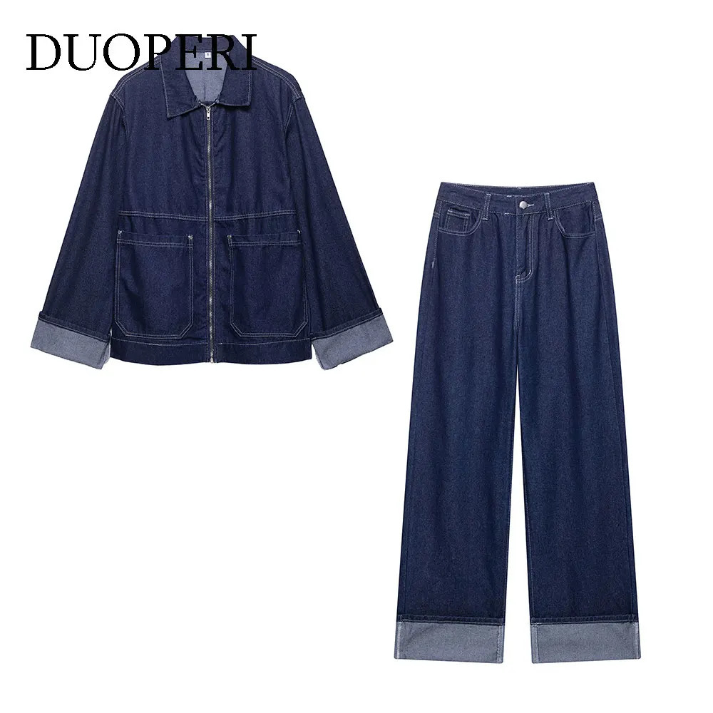 DUOPERI Blue Denim 2 Piece Set Long Sleeves Jacket And High Waist Pants Casual Female Chic Mujer Trousers Suits 260608