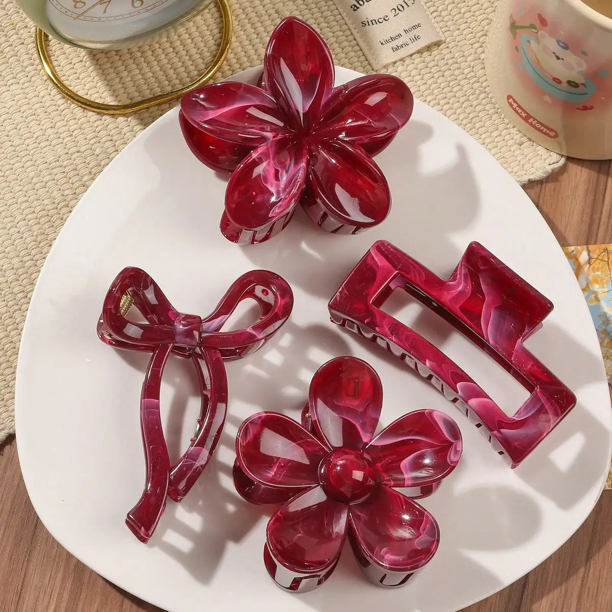 4Pcs Autumn Winter Burgundy Bow Square Flower Hair Claw Clips for Women MultiStyle Red Fashion Hair Accessories Headwear Hairpin260610