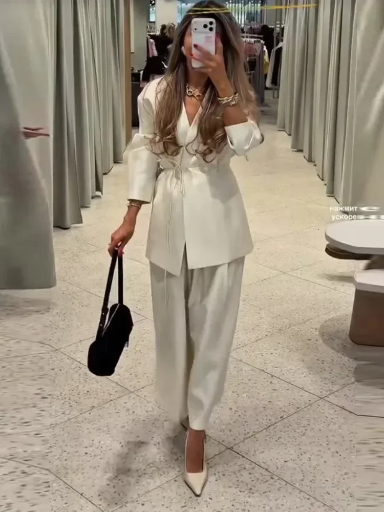 Lady Lace-up Blazer Sets Women Chic Elegant Solid V-neck Full Sleeve Loose Coat Wide-leg Pants Suit 2026 Spring Commute Outfits 260611