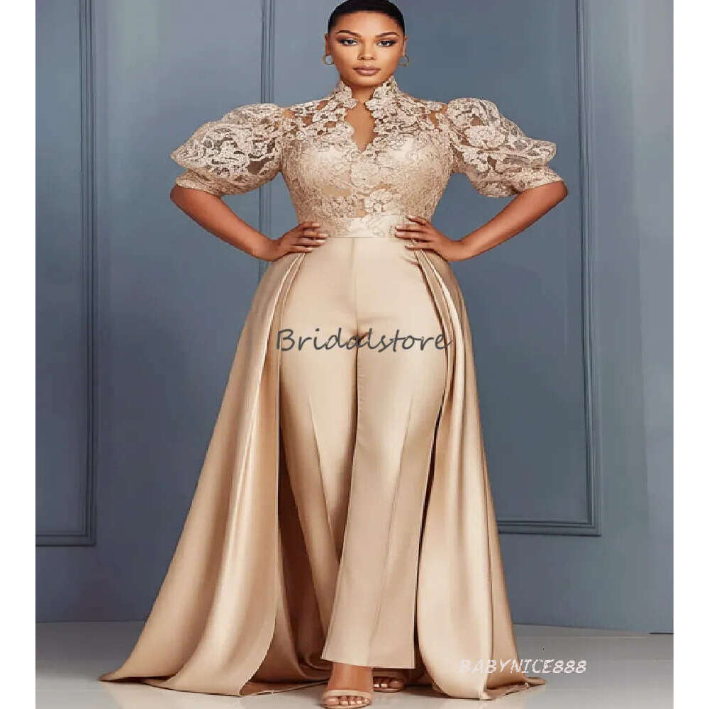 Fashion Gold Jumpsuit With Overskirt Train Elegant Lace Evening For Black Girls African Pantsuit Prom Dress Birthday Party Vestios De Fiesta