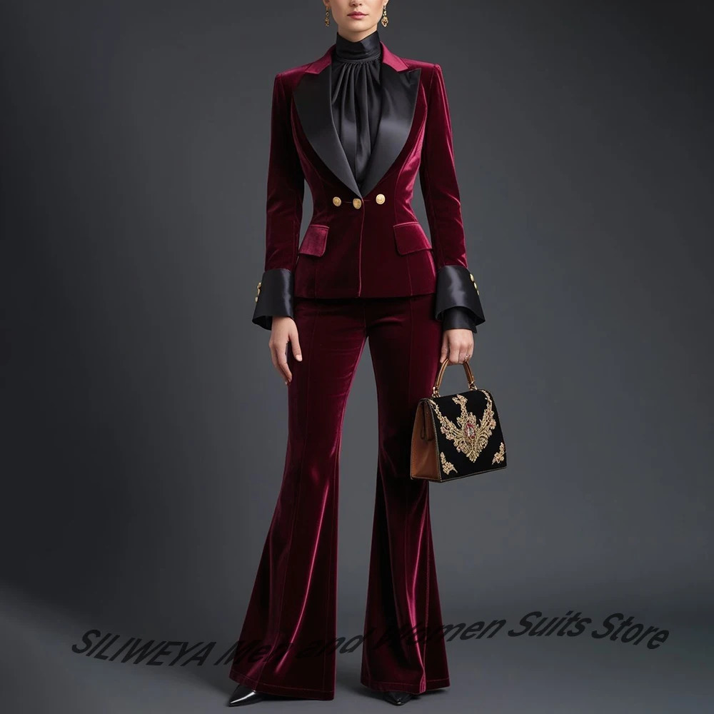 Velvet Womens Burgundy Suits Three Buttons 2-Piece Set Vintage Satin Peaked Lapel Blazer Flared Pants Evening Outfit 260610