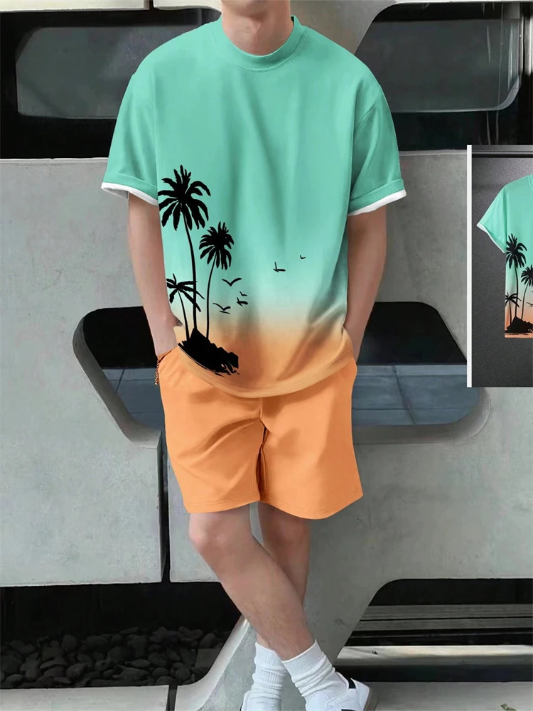 Mens Suit Hawaiian Gradient Coconut Print Summer Beach TShirt and Pants 2 Piece Fashion Sports Plus Size 260612