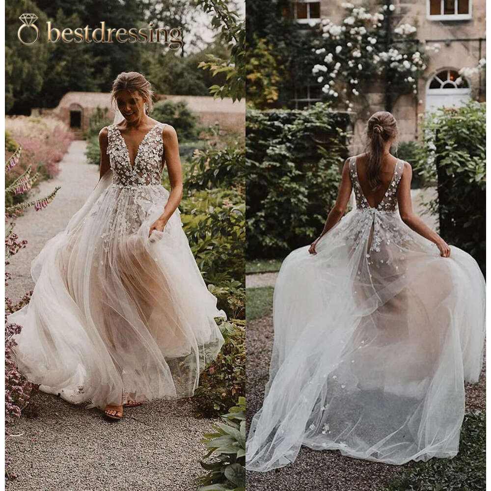 2020 Bohemian New Arrival Sleeveless A Line Dresses Lace Tulle Appliques V Neck Bridal Backless Sweep Train Wedding Gowns Bd612