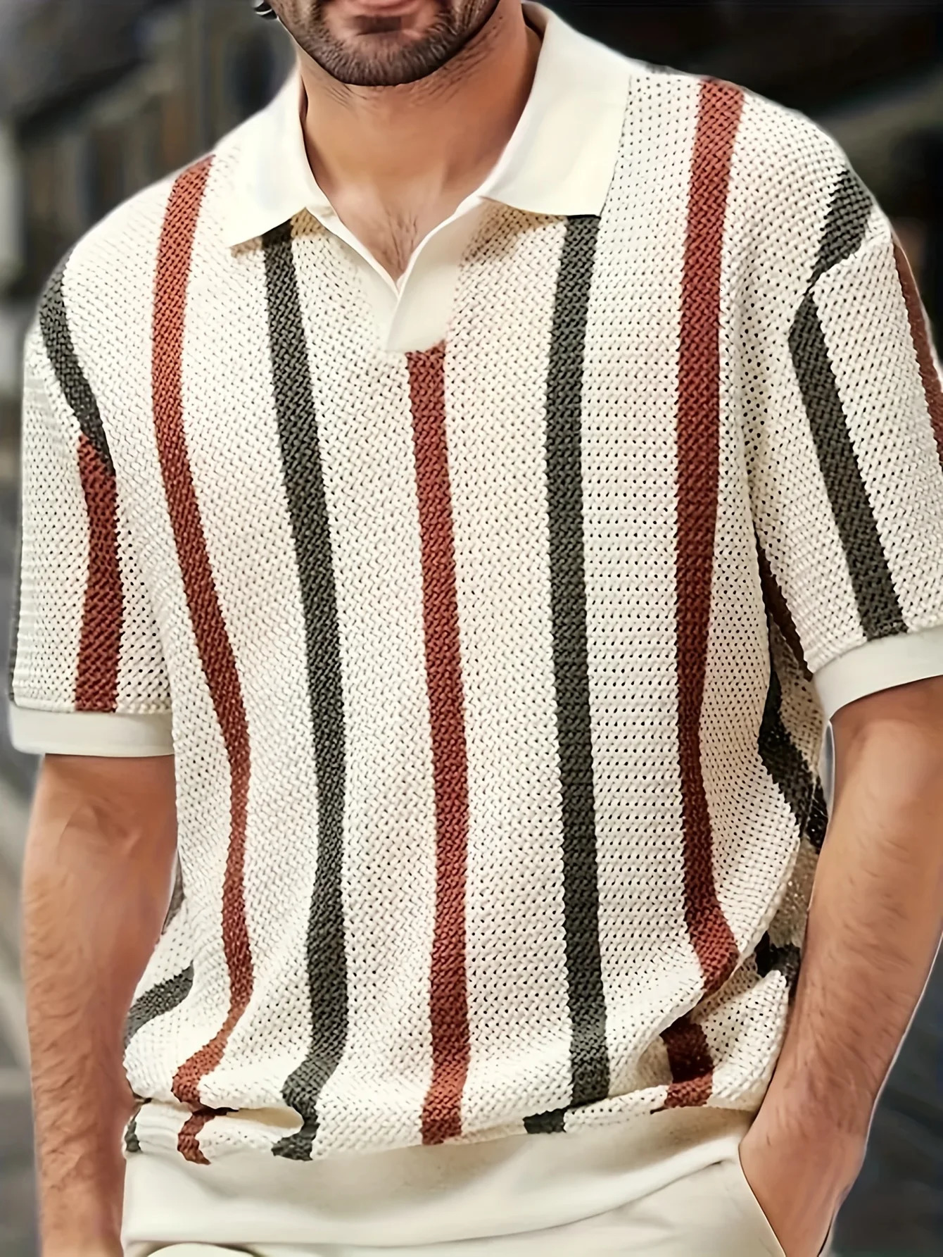 Mens SpringSummer Lightweight Striped Knit Cardigan with Vneck Short Sleeve Polo Shirt Business casual slimfit style Breath 260612