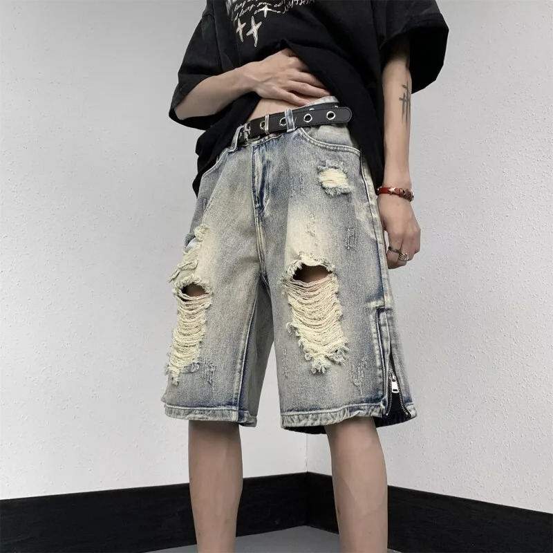 Summer ripped denim shorts mens cropped pants trendy fat plus size loose beggar mid horse 260609