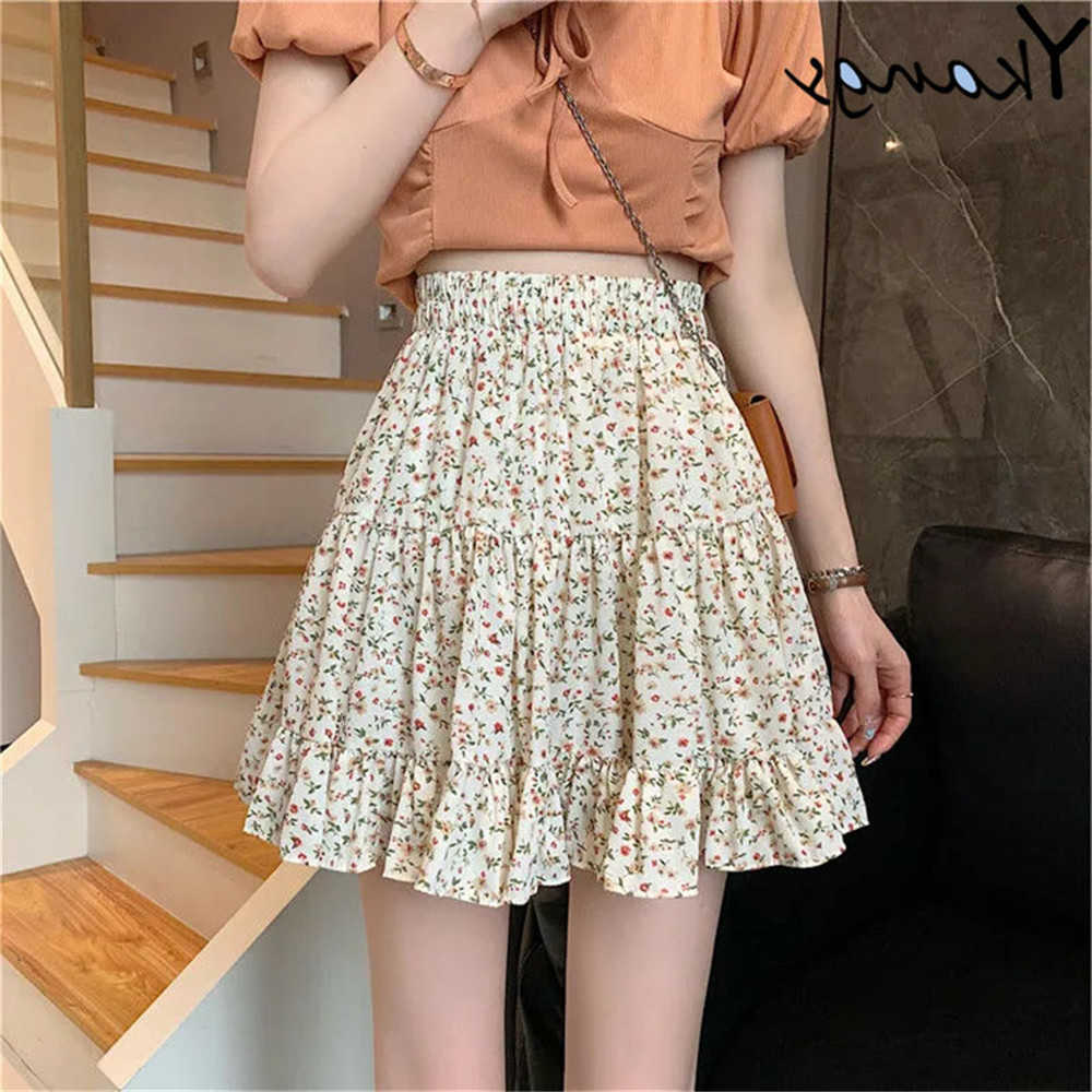Sexy Summer Floral Print Boho Mini Skirt Women Bandage Fashion High Waist Frills Short Skirt Korean Fashin Ruffle Pleated Skirts M260612