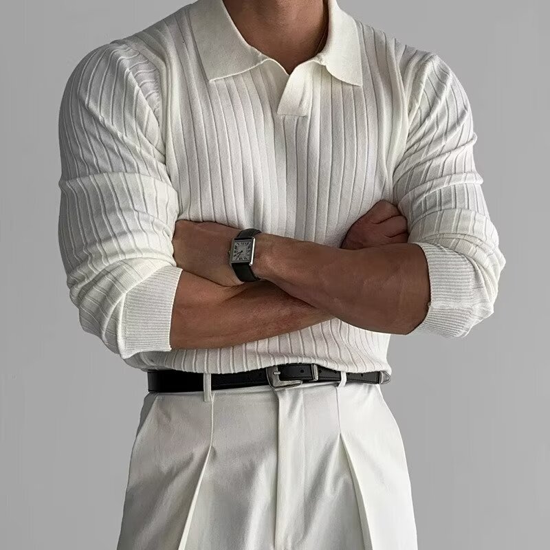 Luxury Brand Designer Knit Sweater Long-sleeved Polo Shirt Men's Autumn New Trendy Simple Muscle Fitness Striped Collarless T-shirt Shirt