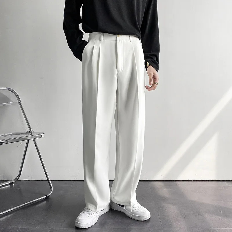Mens White Straight Pants Fashion Korean Loose Suit Trousers Casual Draped Baggy Wide Pant Male Streetwear 260611