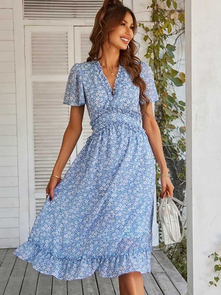 Dresses Casual Womens Summer V Neck Short Slve A Line Waist Small Floral Printed All Match Dresses S260612