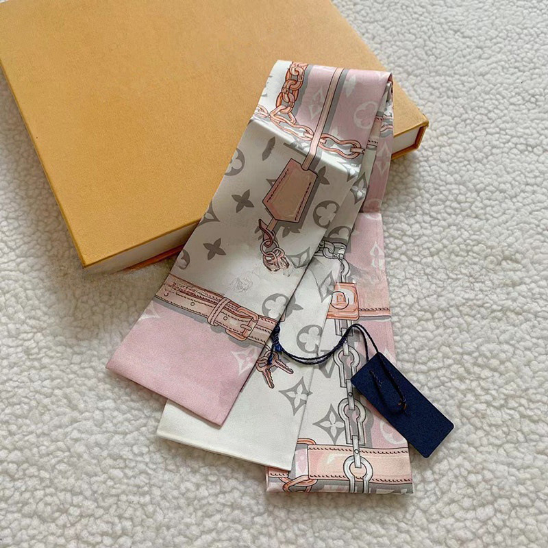 Chaîne de styliste rose et gris pour femmes, imprimé Twilly élégant, poignée de sac, bandeau pour cheveux, écharpe de cou, accessoire de mode