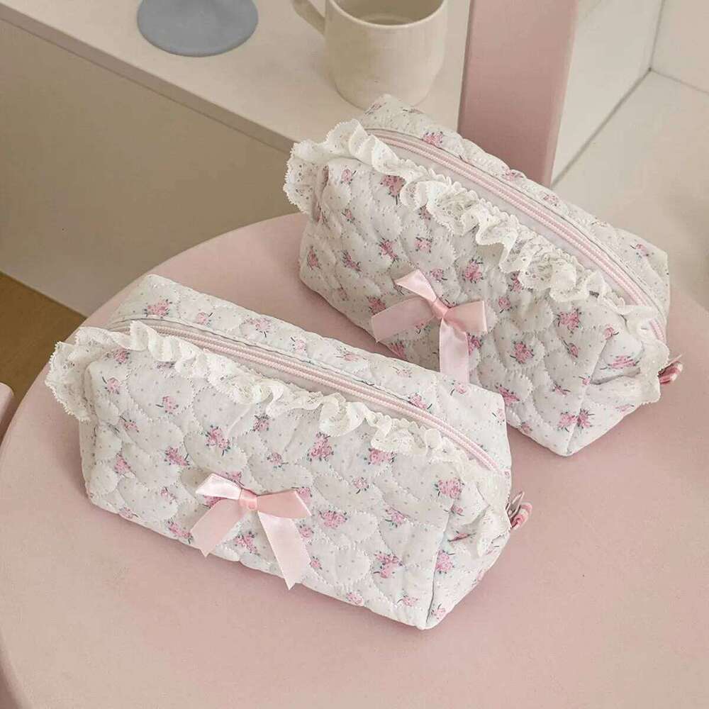 Pink Flower Women Lace Small Makeup Bag Travel Organizer Cosmetic Coins Handbag Pouch Gilrs Cute Bow Square Zipper Wallet Bags