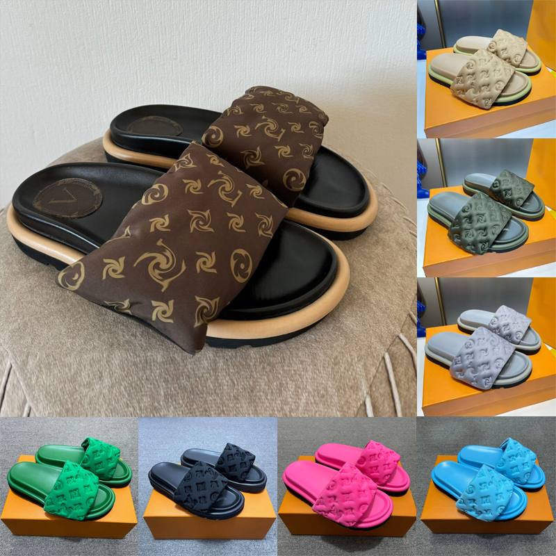Designer Slippers Pool Pillow Comfort mules Mens Womens Slides Summer Beach Shoes Black White Green Blue Pink Embossed Sandals Flats Platform sandle