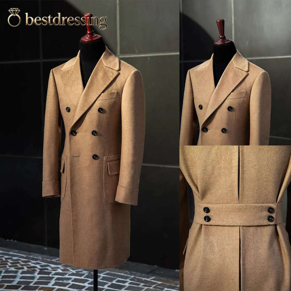 Formal Brown Men Suits Thick Wool Custom Made Double Breasted Tuxedos Peaked Lapel Blazer Back Vent Business High Quality Popular Cheap Price Long C