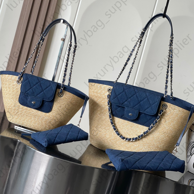 Straw Hand Woven Chain Shoulder Bag Blue Denim Canvas Tote Bag Large Capacity Shoulder Bag Shopping Bag Sac De Luxe Internal Top Quality Crossbody P