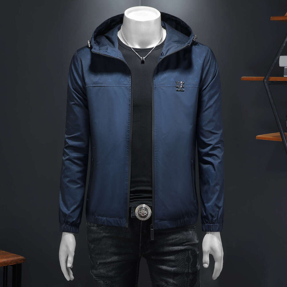 Men's Hooded Bomber Jacket, Slim-Fit Casual Winter Coat - Dark Blue Acetate, Long-Sleeve Animal-Print Appliqué, Full-Zip Closure for Outdoor Recreat