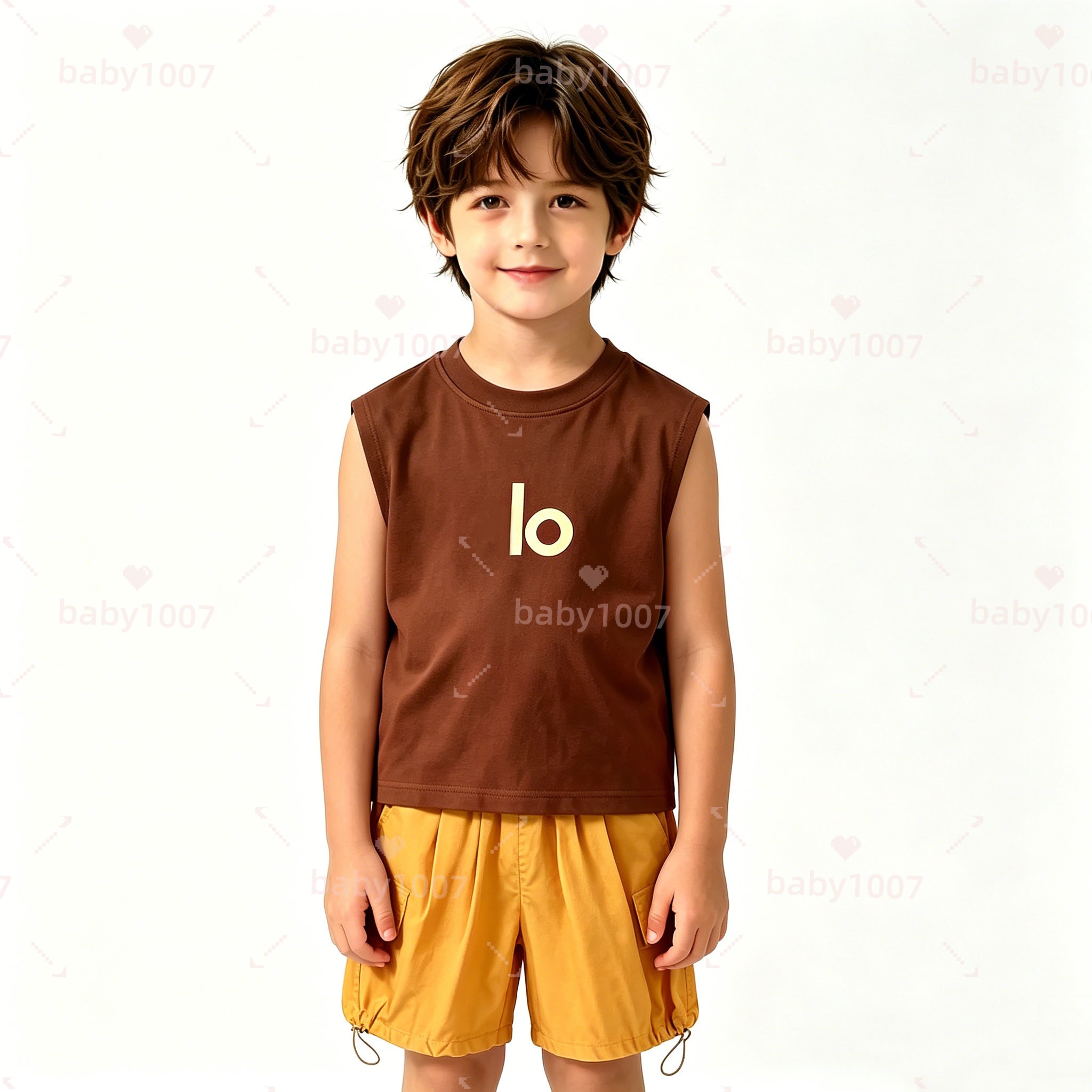 Kinder-Designer-Outdoor-2-teiliges Set, Tanktop aus Baumwolle mit hoher Fadenzahl, leichte, gewebte Cargo-Shorts, Seitentasche, Bungee-Cord-Saum, at