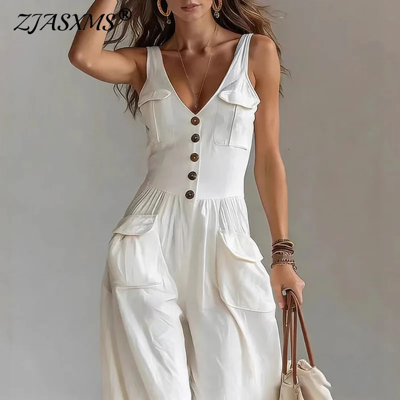 Sexy V Neck Button Wide Leg Jumpsuit Elegant Solid High Waist Woman Romper 2026 Spring Summer Sleeveless Vacation Beach Overalls 260611