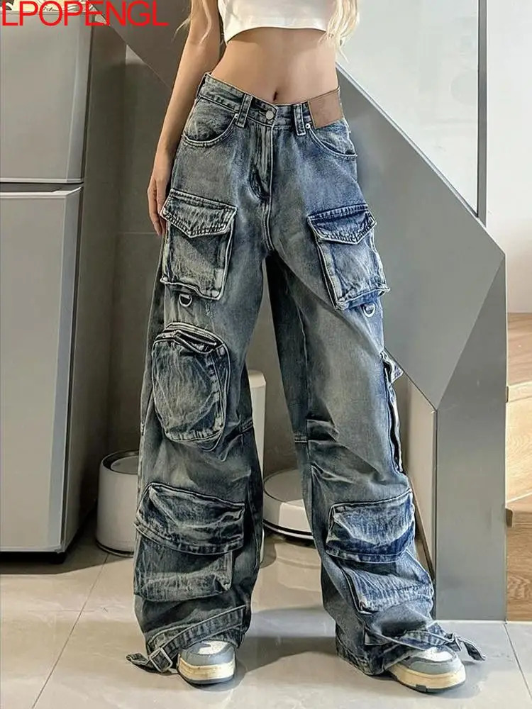 Spring And Summer American Retro Multi Pocket Workwear Jeans High Street Casual Distressed Washed Wide Leg Pants Trend 260608