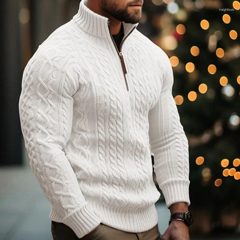 Men's Sweaters Mens Winter Knitted Sweater Half Zipper Coat Solid Color Twisted Flower Thickened Hooded Streetwear