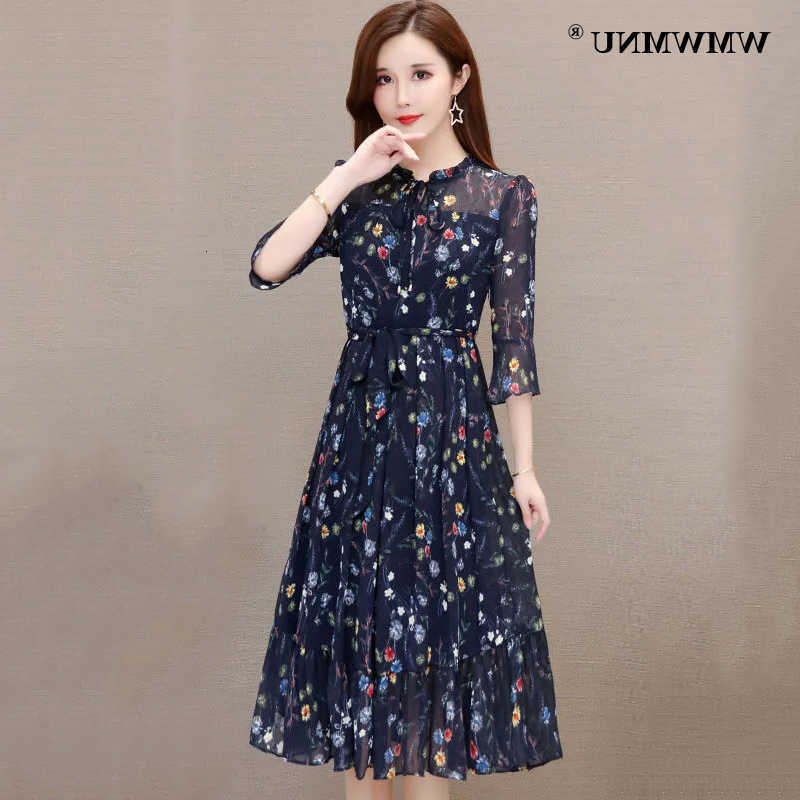 Dresses Casual Casual Loose Chiffon Floral Dress Women Summer Elegant Thr Quarter Slve Midi Dresses Plus Size Dress S260612