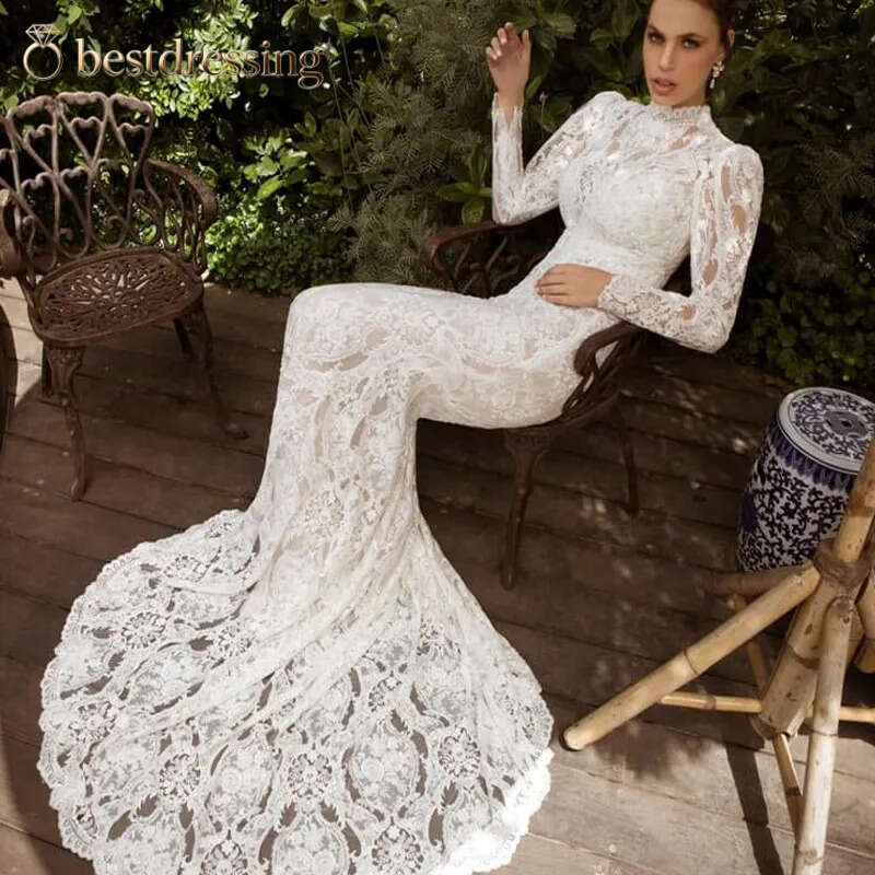 Bling Wedding Dresses For Girls Long Sleeves Mermaid Bride Bridal Gowns Lace Appliques Beach Sheath Column Custom Made Bd612