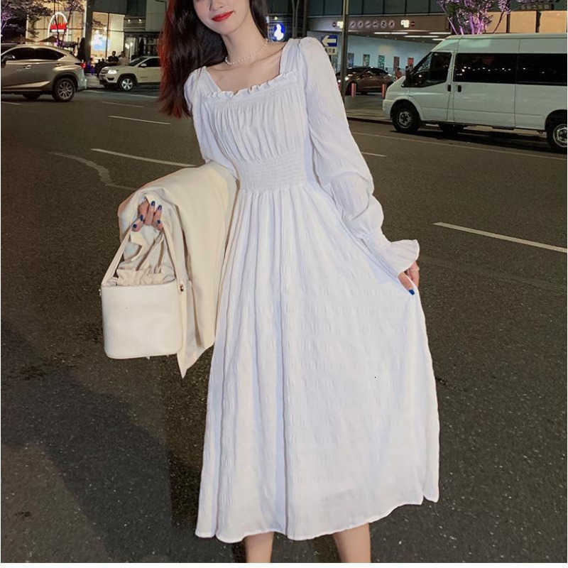 Dresses Casual HOUZHOU White Elegant Dress Women Square Collar Long Slve Dresses Autumn Fairy Robe Outfits S260612