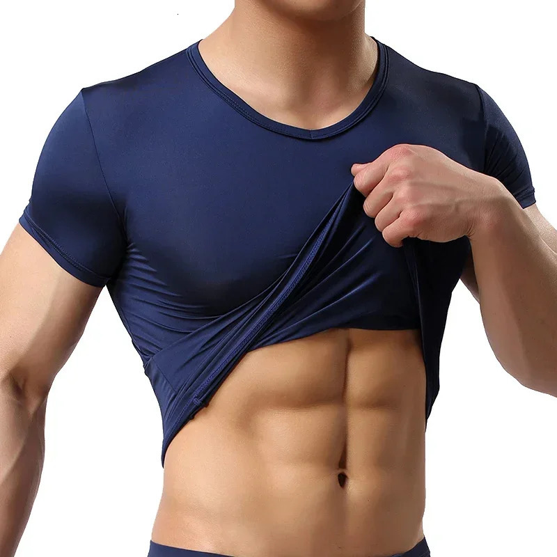 Mens Thin Short Sleeve Ice Silk Without Summer Solid Color T shirt Trace Slim V-neck Bottoming Fashion Men Clothing Tops 260612