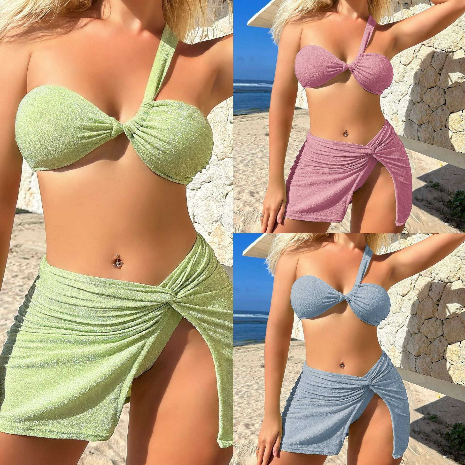 Free shipping 2026 new style solid color one-shoulder strapless shiny fabric three-piece swimsuit bikini