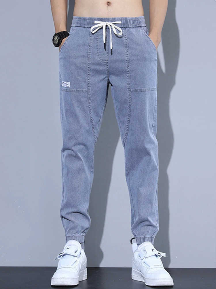 loose Mens long leg label cut jeans letter drawstring denim cargo pants S260612