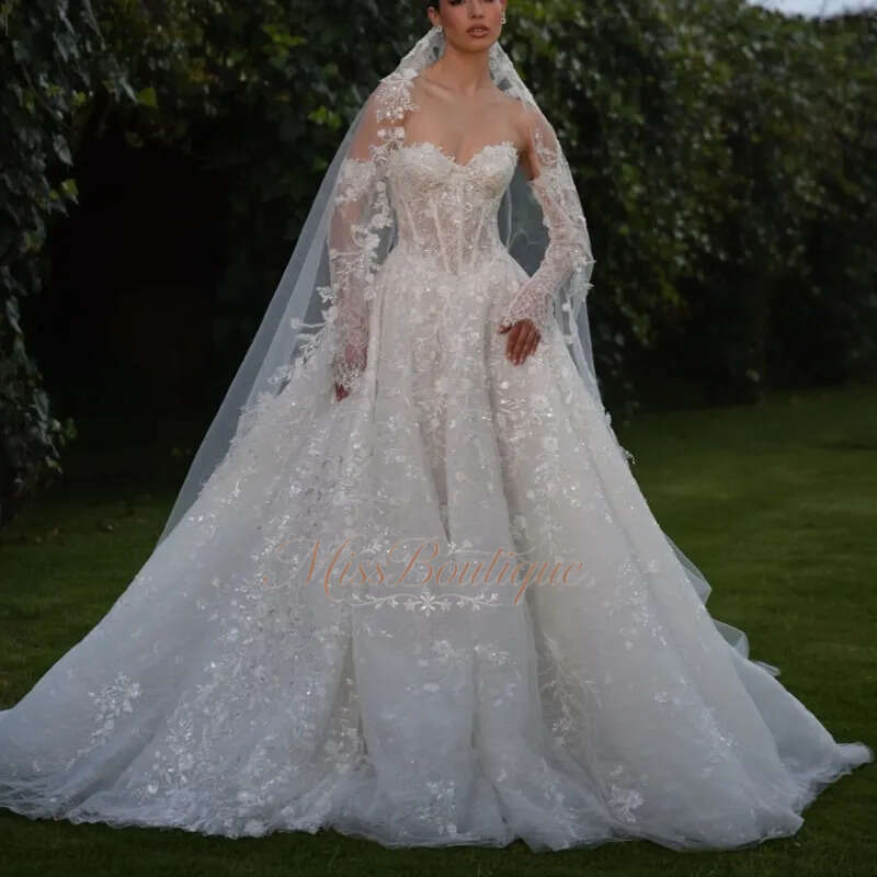 Luxury White Dubai Arabic Mermaid Dresses Applique Lace Beads Tull A Line Court Train Wedding Dress Bridal Gowns Vestidos De Q612