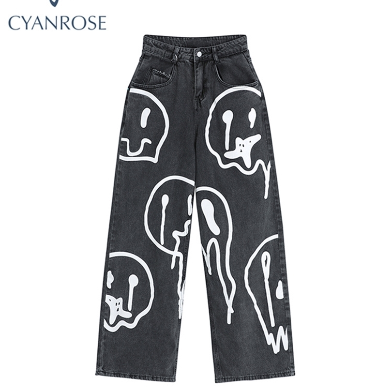 Spring Fashion Ins Street Hiphop Printing Wash Jeans Loose Casual Denim Wide Leg Pants Woman Long Trousers 260611
