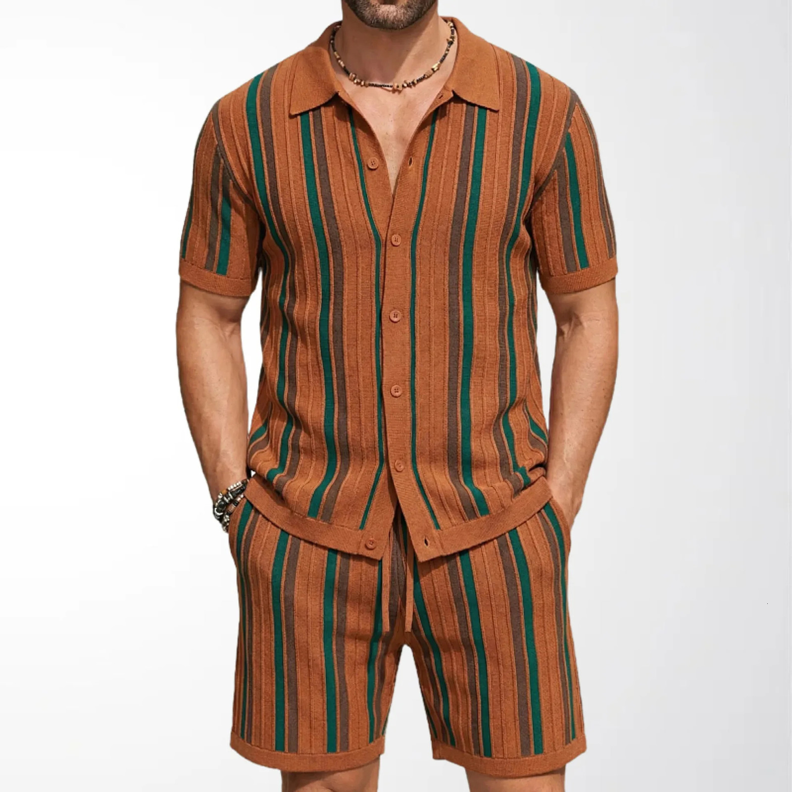 Mens European and American mens y fashion knitwear casual set short sleeved jacquard striped polo shirt twopiece
