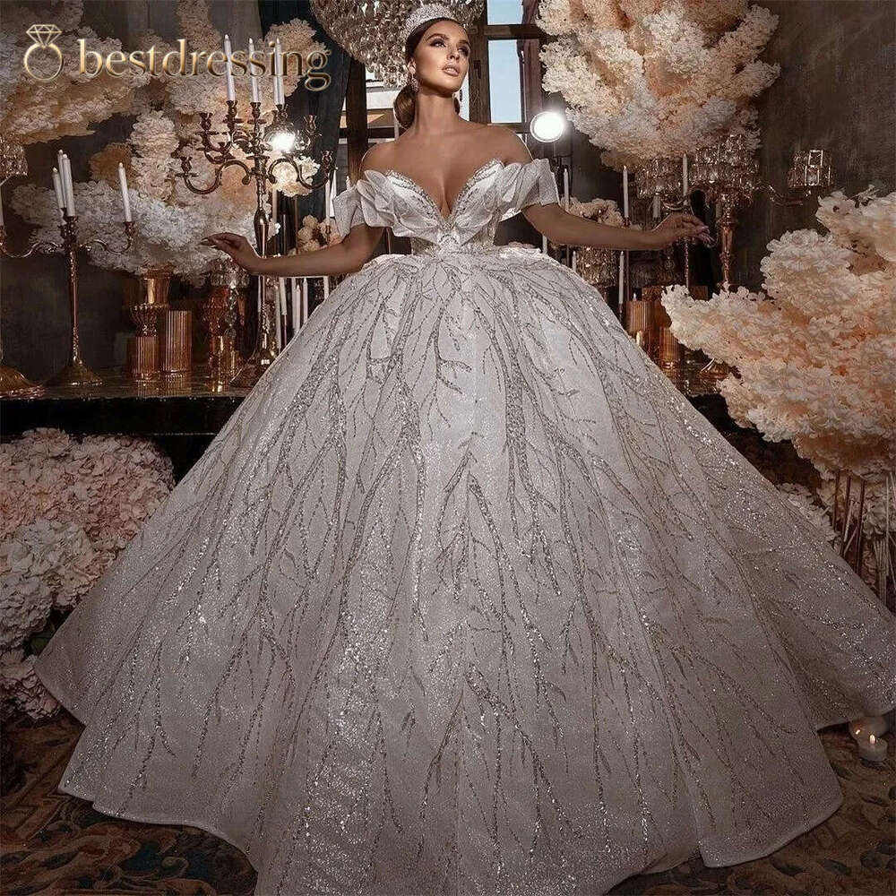 Princess Ball Gown Wedding Dresses Appliques V Neck Sleeveless Off Shoulder Sequins Beads Lace Ruffles Floor Length Sparkling Bridal Gowns Plus Size