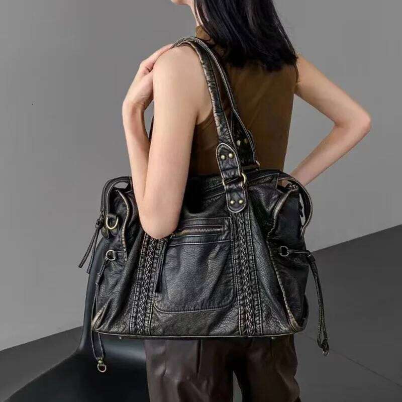 Washed Soft Leather Motorcycle Casual Women's Crossbody Retro Style Shoulder Bags Tote Bag Zipper Closure Large