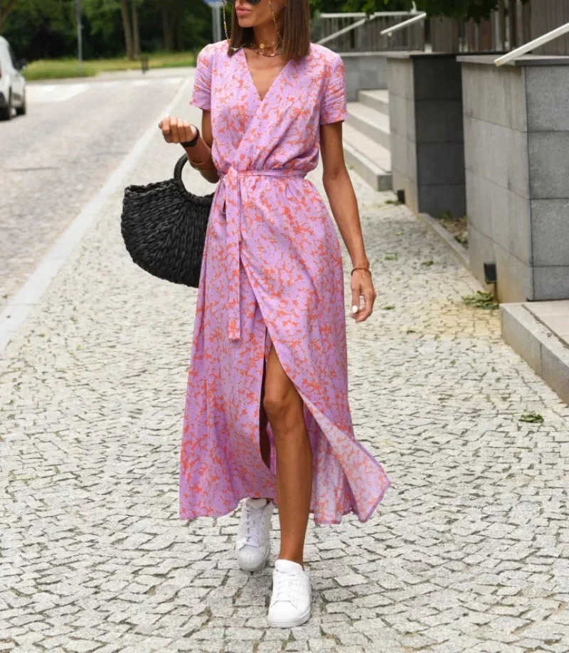 Womens Summer Fatkuner Loose Dress Floral Tie Split Print Short Long V-neck Casual Dress S260612