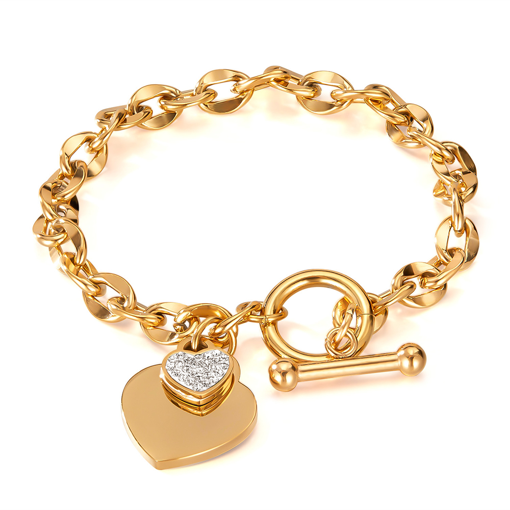 Lover Heart Shape Cuban Chain Bracelet Stainless Steel 18k Gold Plated Jewelry