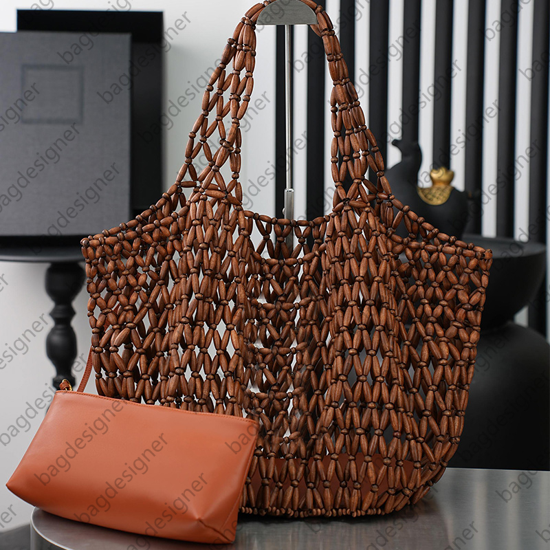 Wooden Bead Tote Bags Designer Women Luxury Bag Straw Beach Bag Raffia Hollow Out Woven Shopping Shoulder Bag Top Quality Summer Travel Handbag Desi