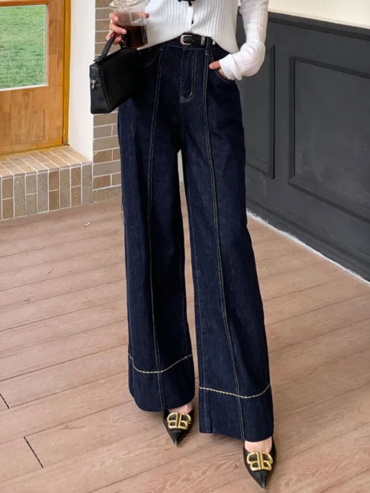 Missuoo 2026 Summer Womens Trendy Wide Leg Jeans Dark Blue High Waist Center Pleated Denim Pants with Contrast Stitching 260612