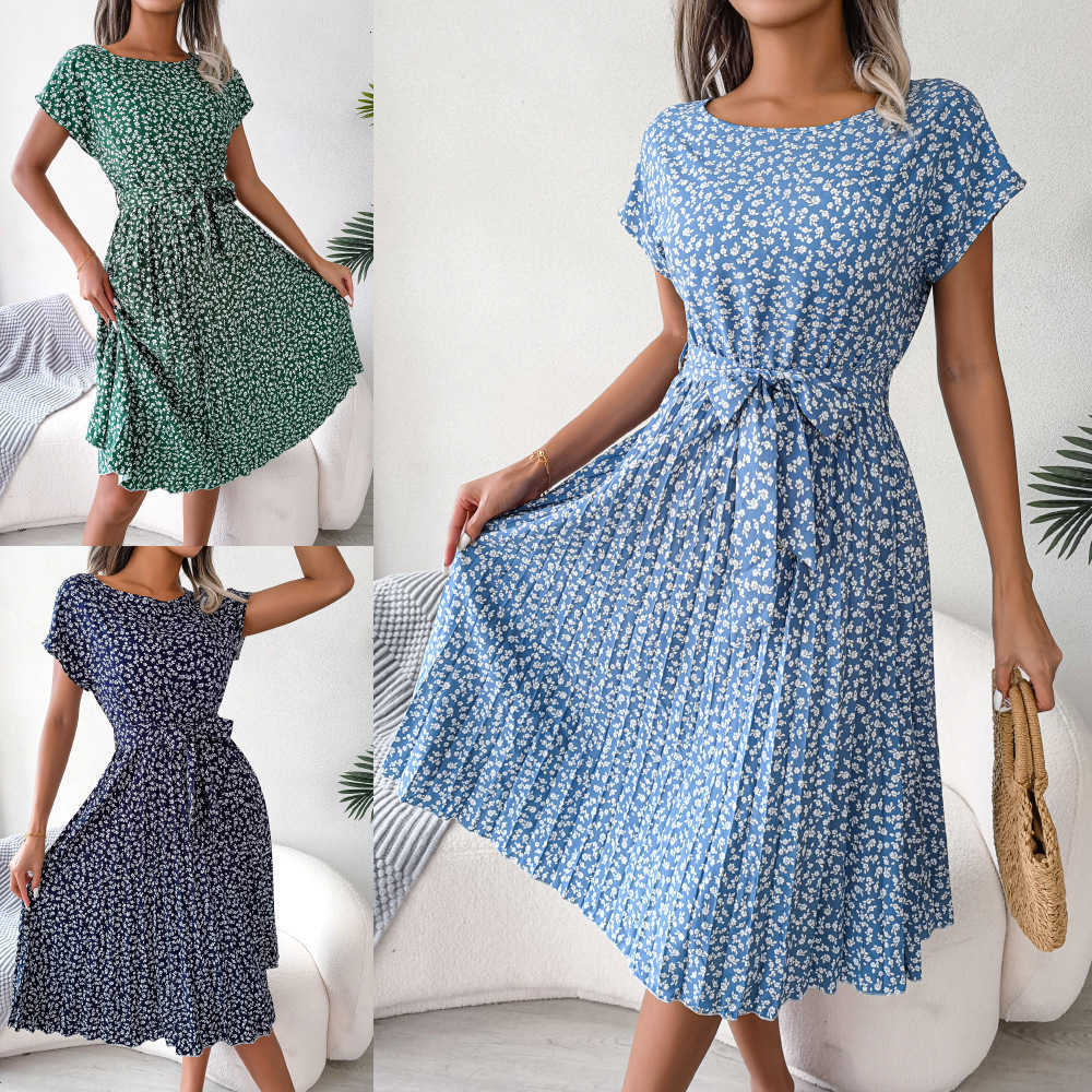 Dresses Casual Womens floral print dress summer retro pleated short waisted dress Womens casual lace one line dress S260612