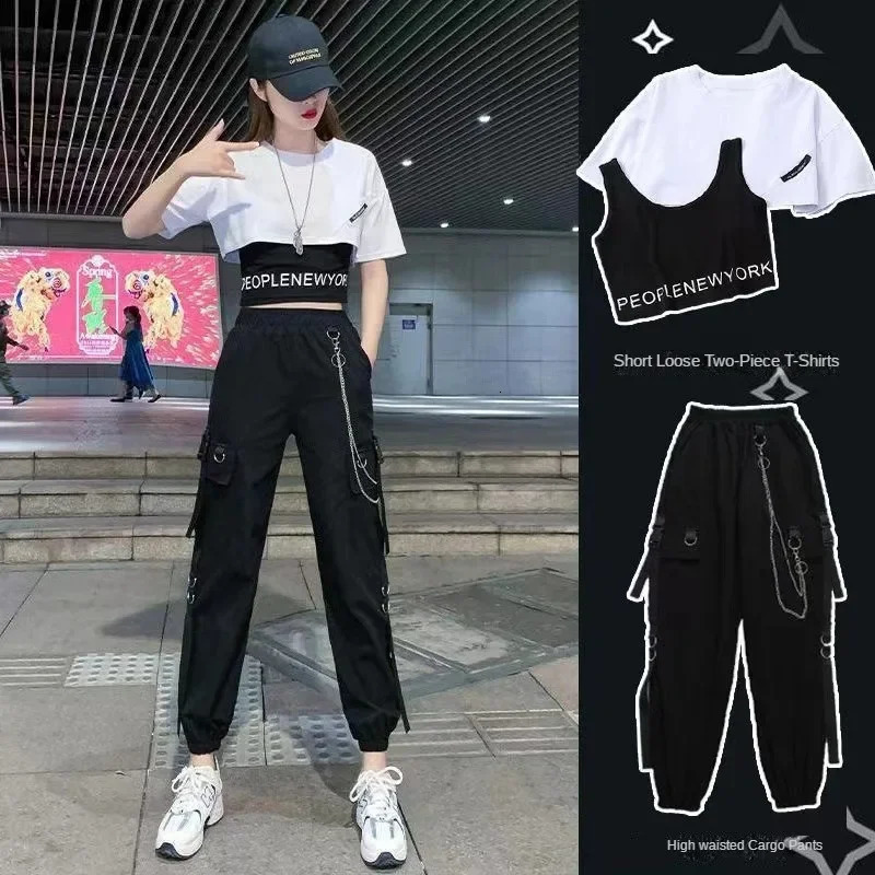 Summer Womens Two Pieces Set Casual Korean Lady Loose Short White TShirt and Black Cargo Pants Outfits Tops Suit 260611